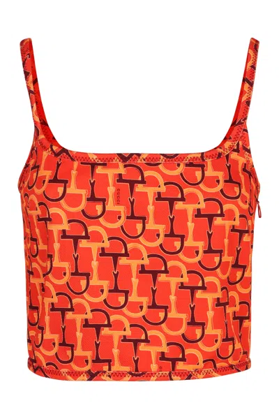 Gucci Orange Top With Spaghetti Straps And All-over Horsebit Print In Cotton Woman In Animal Print