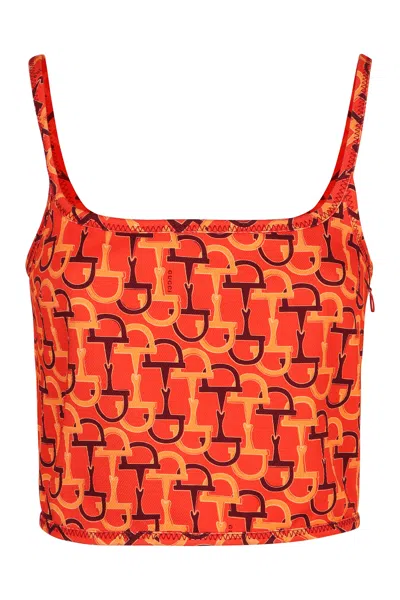 Gucci Orange Top With Spaghetti Straps And All-over Horsebit Print In Cotton Woman In Animal Print