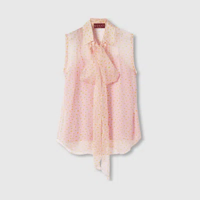 Gucci Printed Silk Top With Neck Bow In Pink