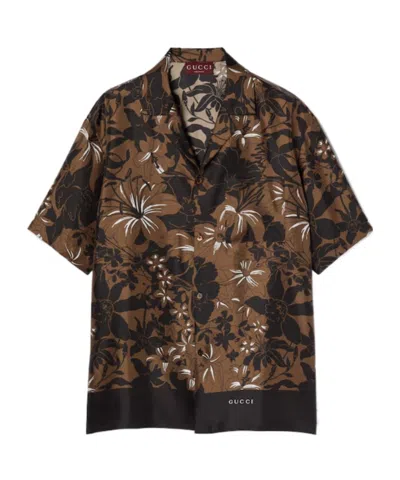 Gucci Printed Silk Twill Bowling Shirt In Brown