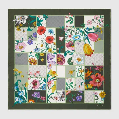 Gucci Women Green Printed Silk Twill Scarf In Burgundy