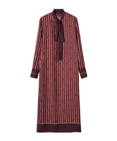 Gucci Printed Silk Twill Dress With Bow In Burgundy