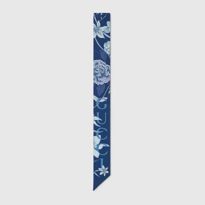 Gucci Printed Silk Twill Neck Bow In Blue