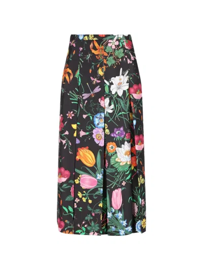 Gucci Pleated Midi Skirt In Silk Twill With Flora Print Women In Black