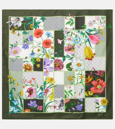 Gucci Gg Monogram And Floral Motif Silk Twill Scarf In Green