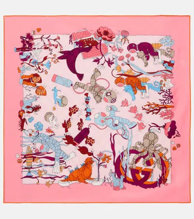 Gucci Printed Silk Twill Scarf In Pink