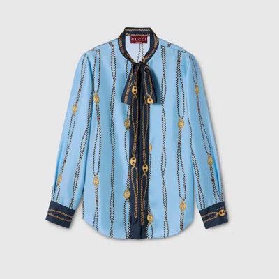 Gucci Printed Silk Twill Shirt In Blue