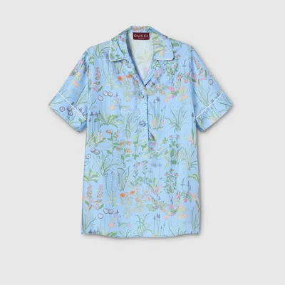 Gucci Printed Silk Twill Shirt In Blue