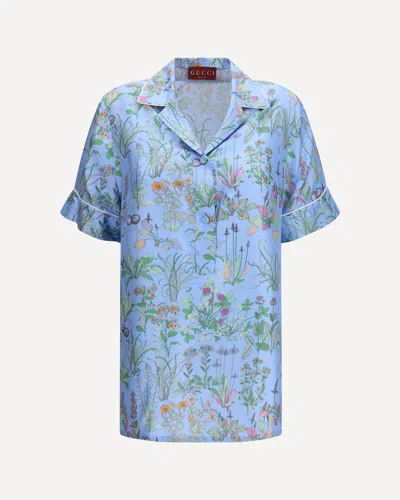 Gucci Floral Print Silk Twill Shirt In Blue