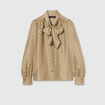 Gucci Printed Silk Twill Shirt In Brown
