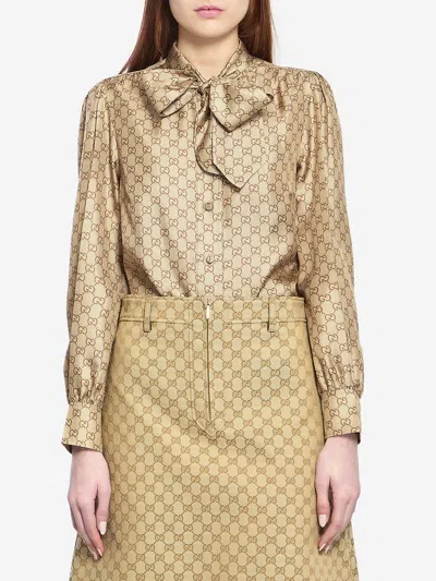 Gucci Silk Twill Shirt Puff Shoulders Bow In Burgundy