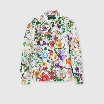 Gucci Printed Silk Twill Shirt With Bow In White