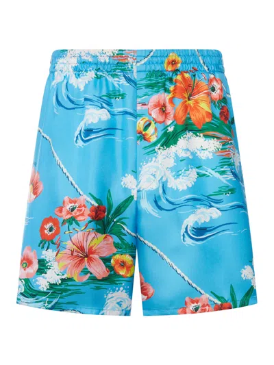 Gucci Printed Silk Twill Shorts In Blue