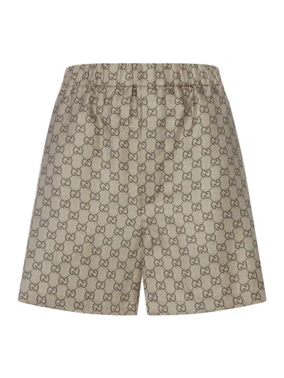 Gucci Printed Silk Twill Shorts In Neutral