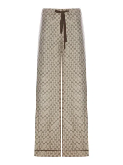 Gucci Printed Silk Twill Trousers In Nude