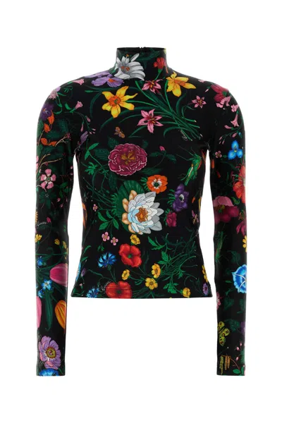 Gucci Stretch Jersey Top Floral Mock Neck In Multi