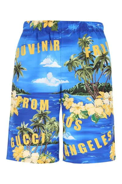 Gucci Cotton Poplin Shorts With Print In Blue