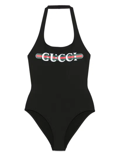 Gucci Printed Swimsuit With Halter Neckline And High-cut Leg In Black