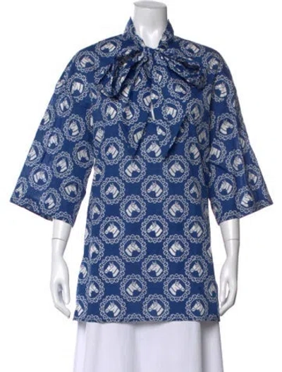 Pre-owned Gucci Printed Tie Neck Blouse In Blue