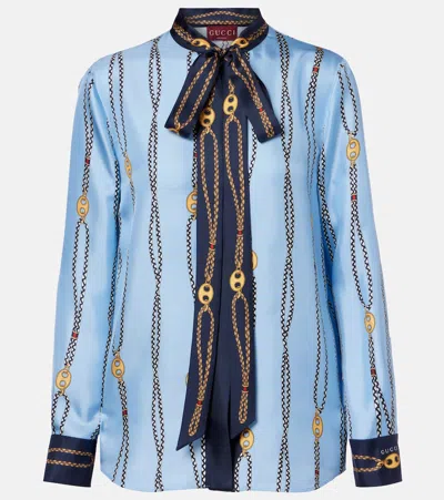 Gucci Printed Tie-neck Silk Twill Shirt In Blue