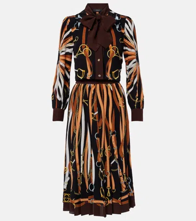 Gucci Printed Tie-neck Silk Shirt Dress In Brown