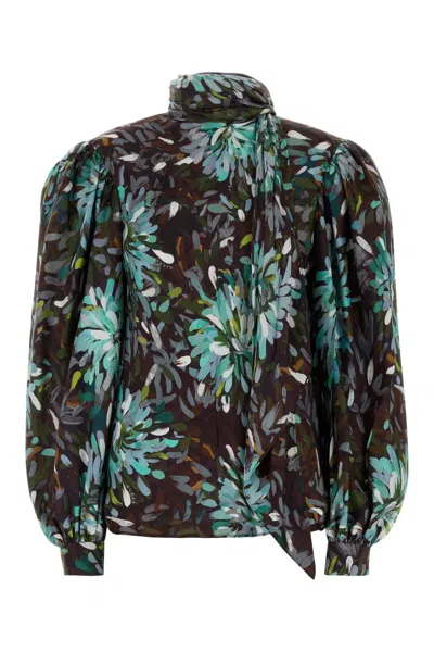 Gucci Floral Twill Blouse High Neck Tie Sleeves In Multi