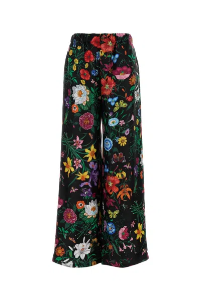 Gucci Floral High Waist Twill Wide Trousers In Black