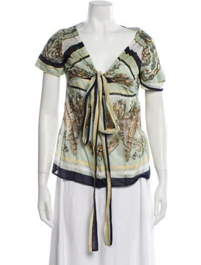 Pre-owned Gucci Printed V-neck Blouse In Green