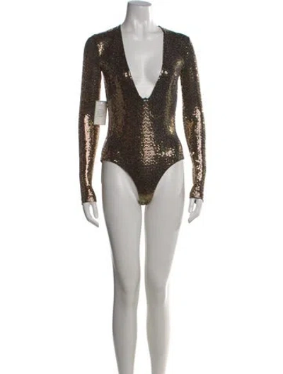 Pre-owned Gucci Printed V-neck Bodysuit In Gold
