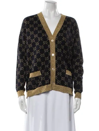 Pre-owned Gucci Printed V-neck Sweater In Blue