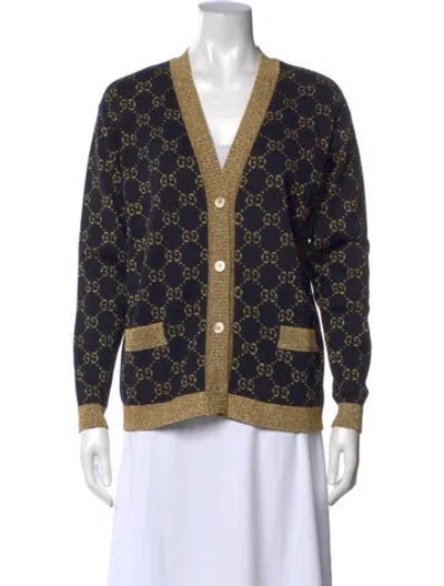 Pre-owned Gucci Printed V-neck Sweater In Blue