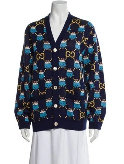 Pre-owned Gucci Printed V-neck Sweater In Blue