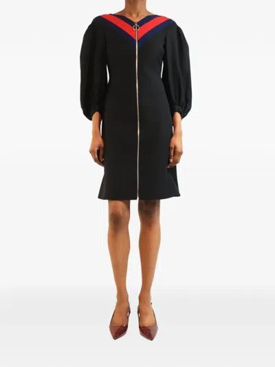 Pre-owned Gucci Puff-sleeve Zip-up Mini Dress In Black