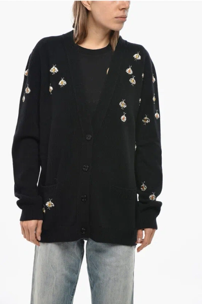 Gucci Pure Wool Bee Cardigan With Rhinestones In Black