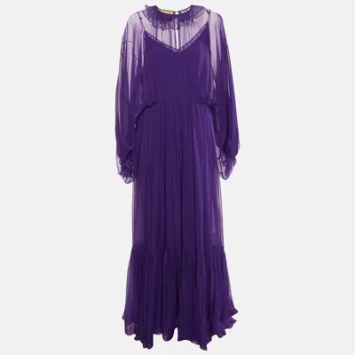 Pre-owned Gucci Purple Chiffon Gathered Maxi Dress L