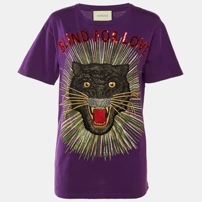 Pre-owned Gucci Purple Cotton Blind For Love Appliqued T-shirt S
