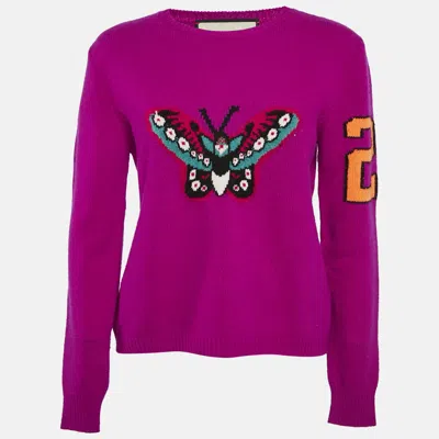 Pre-owned Gucci Purple Floral-butterfly Intarsia Wool Sweater M