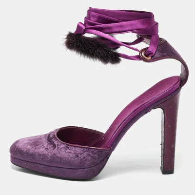 Pre-owned Gucci Purple Fur And Velvet Ankle Wrap Pumps Size 37