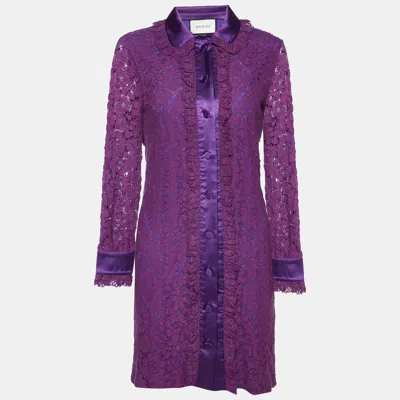 Pre-owned Gucci Purple Lace Buttoned Mini Shirt Dress S