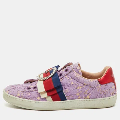 Pre-owned Gucci Purple Lace Crystal Sylvie Web Flower Leaf Ace Slip On Sneakers Size 35.5