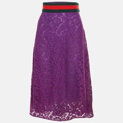 Pre-owned Gucci Purple Lace Web Trim Flared Midi Skirt M