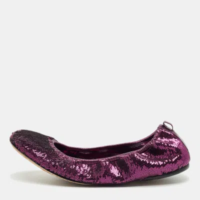 Pre-owned Gucci Purple Leather And Sequins Embellish Scrunch Ballet Flats Size 39