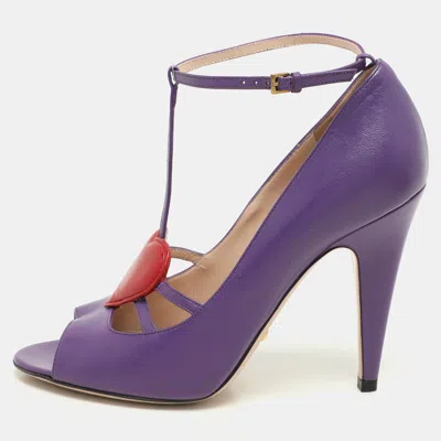 Pre-owned Gucci Purple Leather Molina Heart T Strap Pumps Size 38.5
