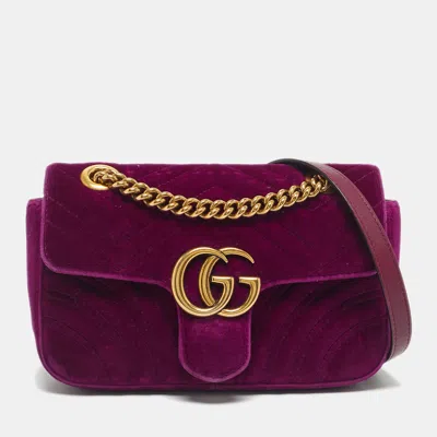 Pre-owned Gucci Purple Matelassé Velvet Mini Gg Marmont Shoulder Bag In Pink
