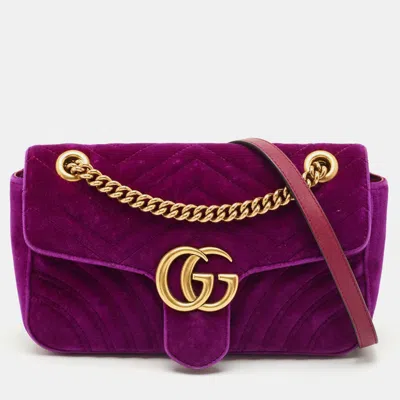 Pre-owned Gucci Purple Matelasse Velvet Small Gg Marmont Shoulder Bag