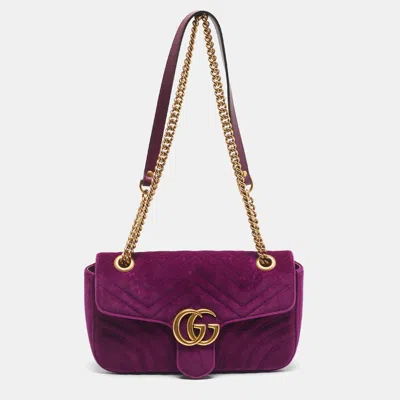 Pre-owned Gucci Purple Matelassé Velvet Small Gg Marmont Shoulder Bag