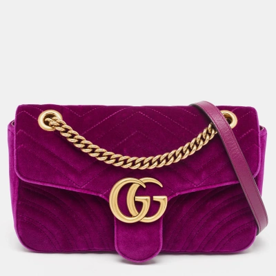 Pre-owned Gucci Purple Matelassé Velvet Small Gg Marmont Shoulder Bag