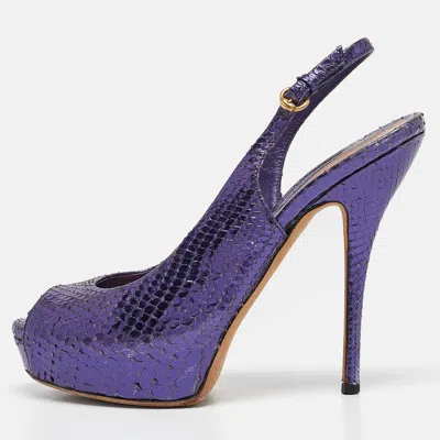 Pre-owned Gucci Purple Python Leather Peep Toe Slingback Pumps Size 37