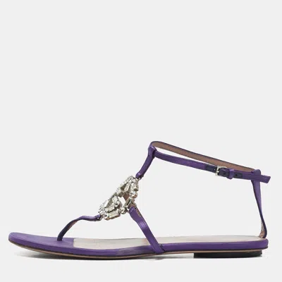 Pre-owned Gucci Purple Satin Crystal Embellished Interlocking G Thong Flat Sandals Size 36