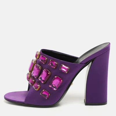 Pre-owned Gucci Purple Satin Tessa Crystal Embellished Peep Toe Slide Mules Size 41.5